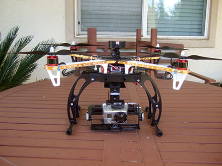 DJI F450 Flame Wheel Multirotor -  2-Axis Carbon Fiber Camera gimbal mounted on landing gear