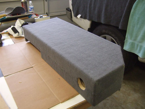 Custom subwoofer enclosure - back view with carpet